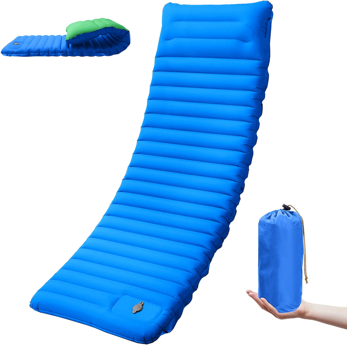 Colchoneta inflable de camping desplegada en el suelo
