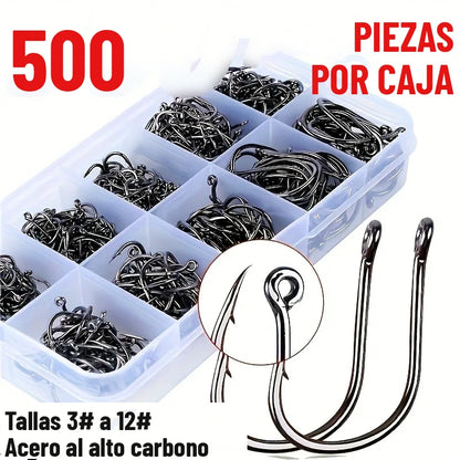 Caja con 500 anzuelos de pesca de acero al alto carbono en tallas 3# a 12#