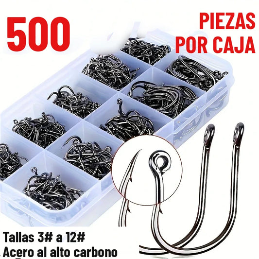 Caja con 500 anzuelos de pesca de acero al alto carbono en tallas 3# a 12#