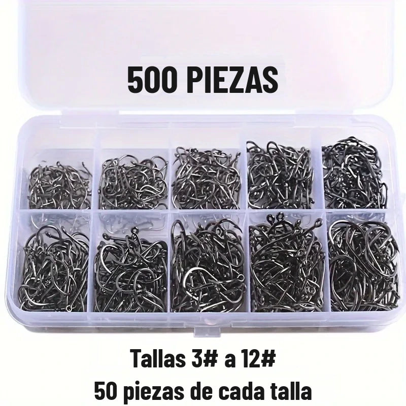 Caja organizadora con 10 divisiones y 50 anzuelos de cada talla