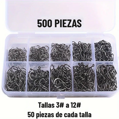 Caja organizadora con 10 divisiones y 50 anzuelos de cada talla