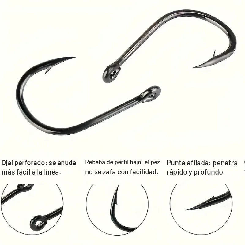 Detalle del anzuelo: ojal perforado, rebaba de perfil bajo y punta afilada