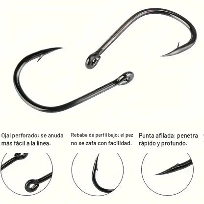 Detalle del anzuelo: ojal perforado, rebaba de perfil bajo y punta afilada