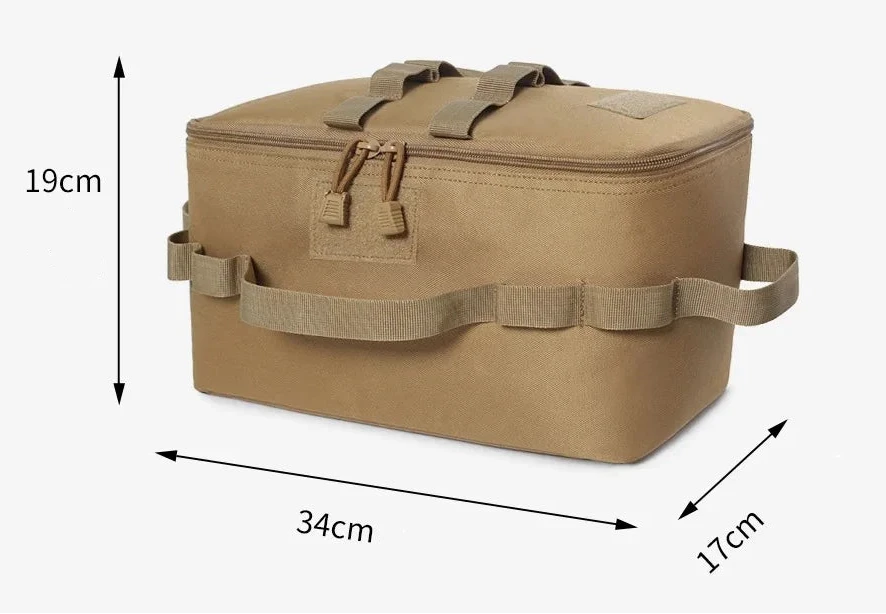 Bolsa organizadora de camping con cartuchos de gas y utensilios acomodados