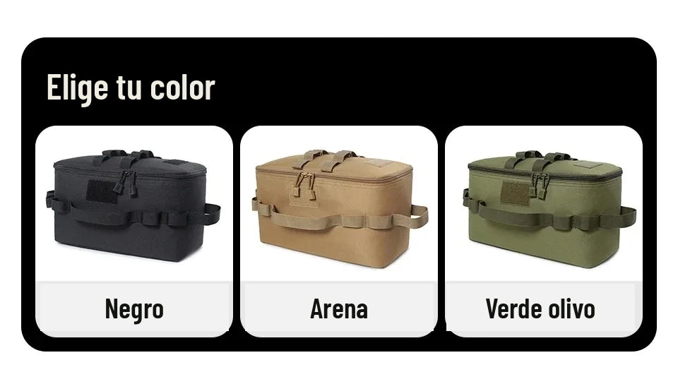 Bolsa organizadora de camping en negro, arena y verde olivo