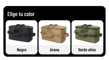 Bolsa organizadora de camping en negro, arena y verde olivo