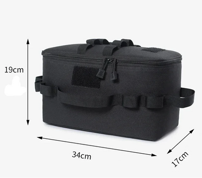 Bolsa organizadora de camping abierta mostrando los compartimentos