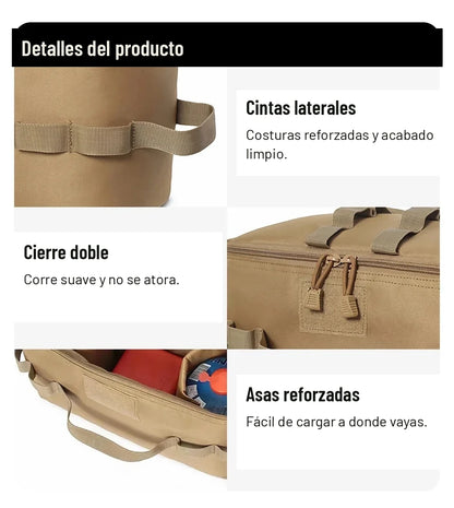 Detalles de la bolsa organizadora de camping: cintas laterales, cierre doble y asas reforzadas