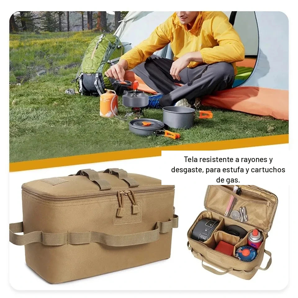 Bolsa organizadora de camping abierta con el equipo de cocina acomodado adentro