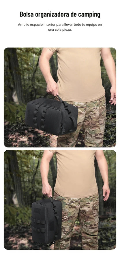 Bolsa organizadora de camping en uso en el bosque