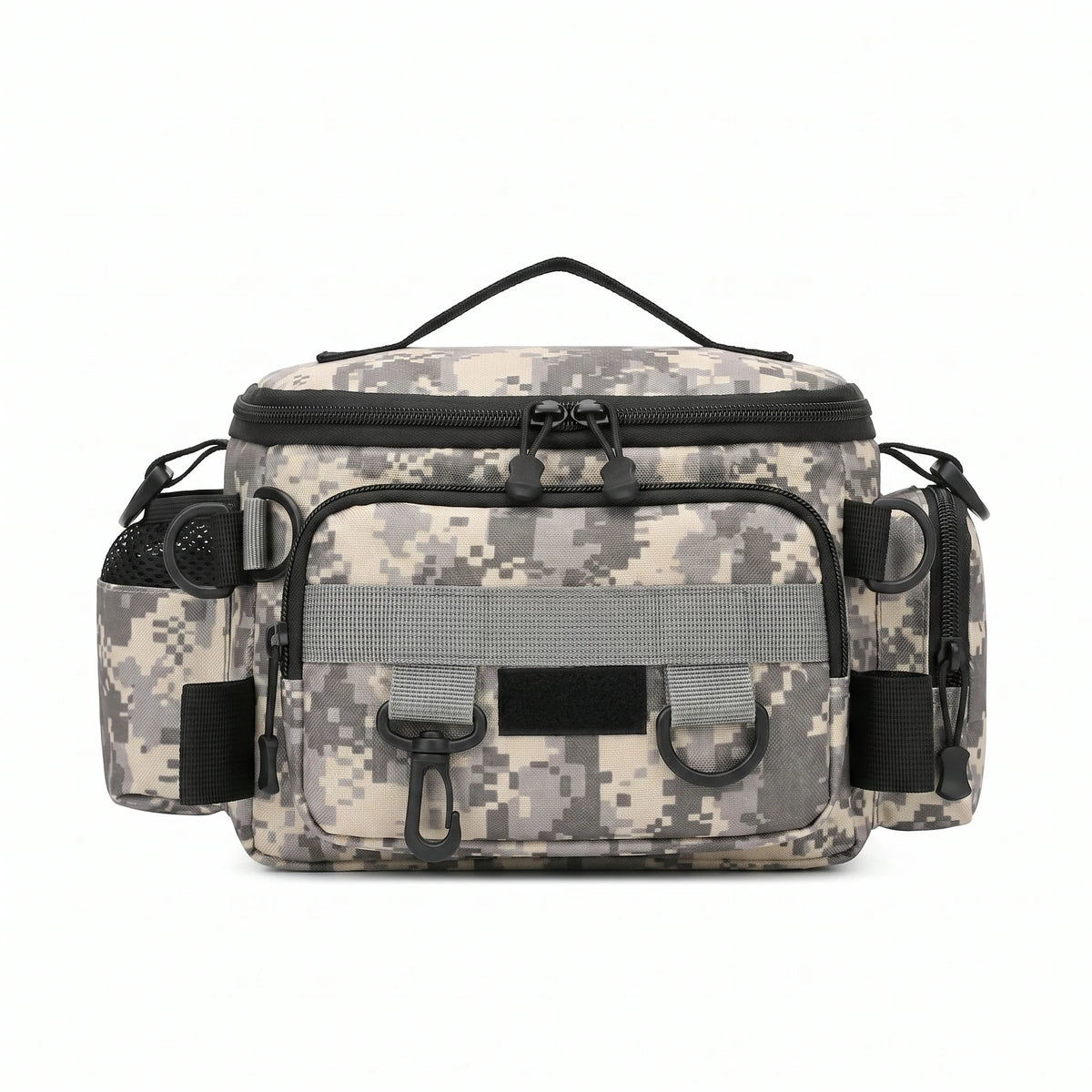 Bolsa de pesca camuflaje, vista lateral con portabotella