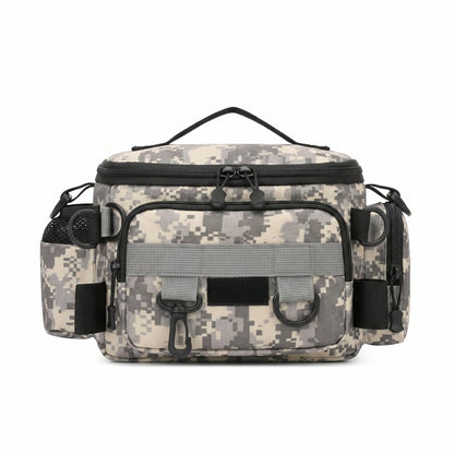 Bolsa de pesca camuflaje, vista lateral con portabotella