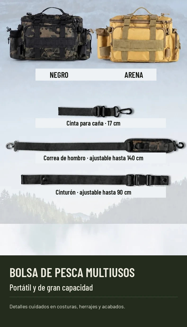 Bolsa de pesca en negro y arena con cinta para caña, correa de hombro y cinturón
