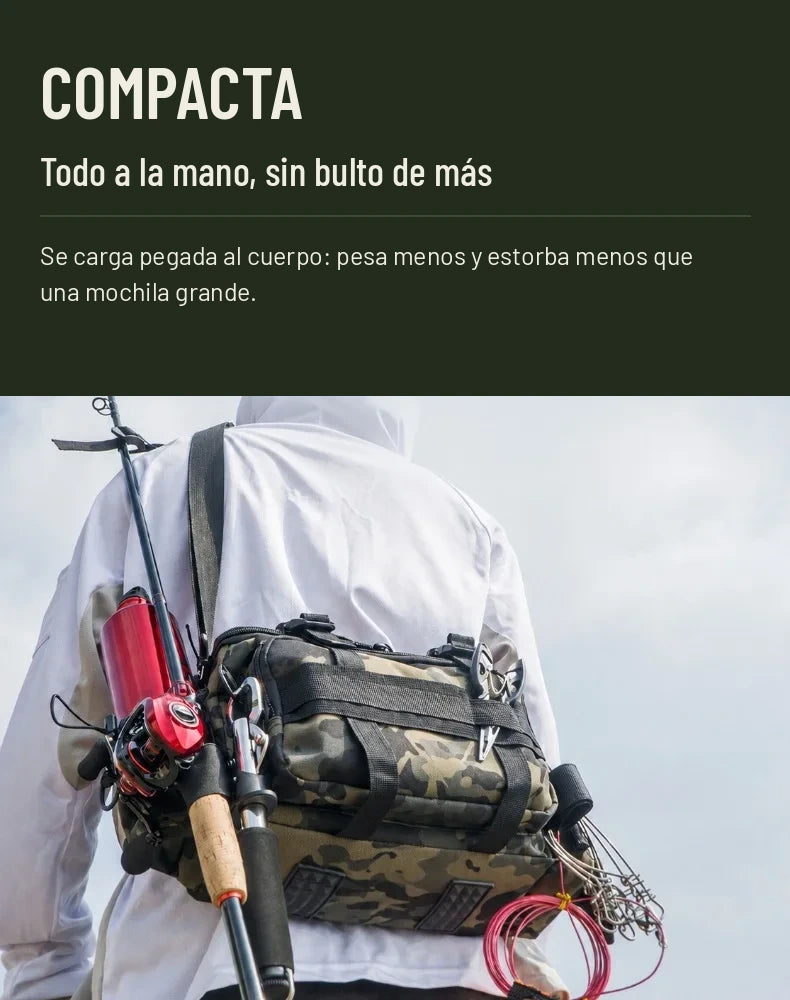 Bolsa de pesca compacta cargada al cuerpo, más ligera que una mochila