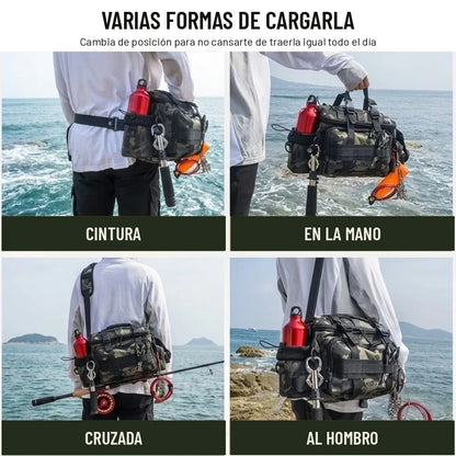 Cuatro formas de cargar la bolsa de pesca: cintura, mano, cruzada y hombro