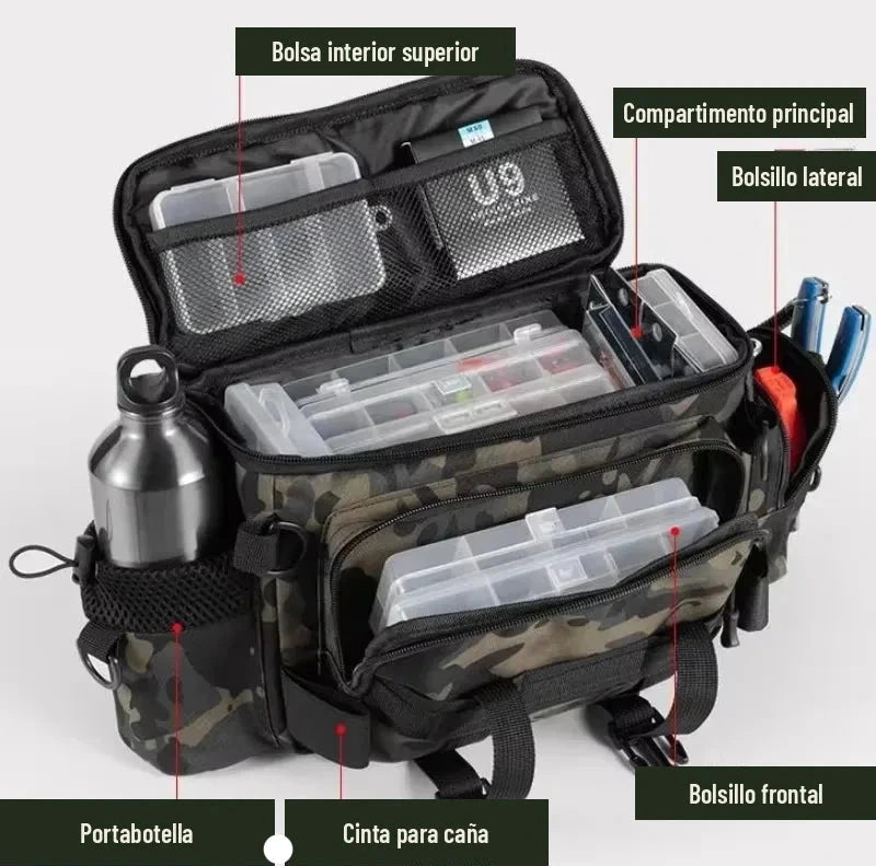 Compartimentos interiores de la bolsa de pesca con cajas de aparejos