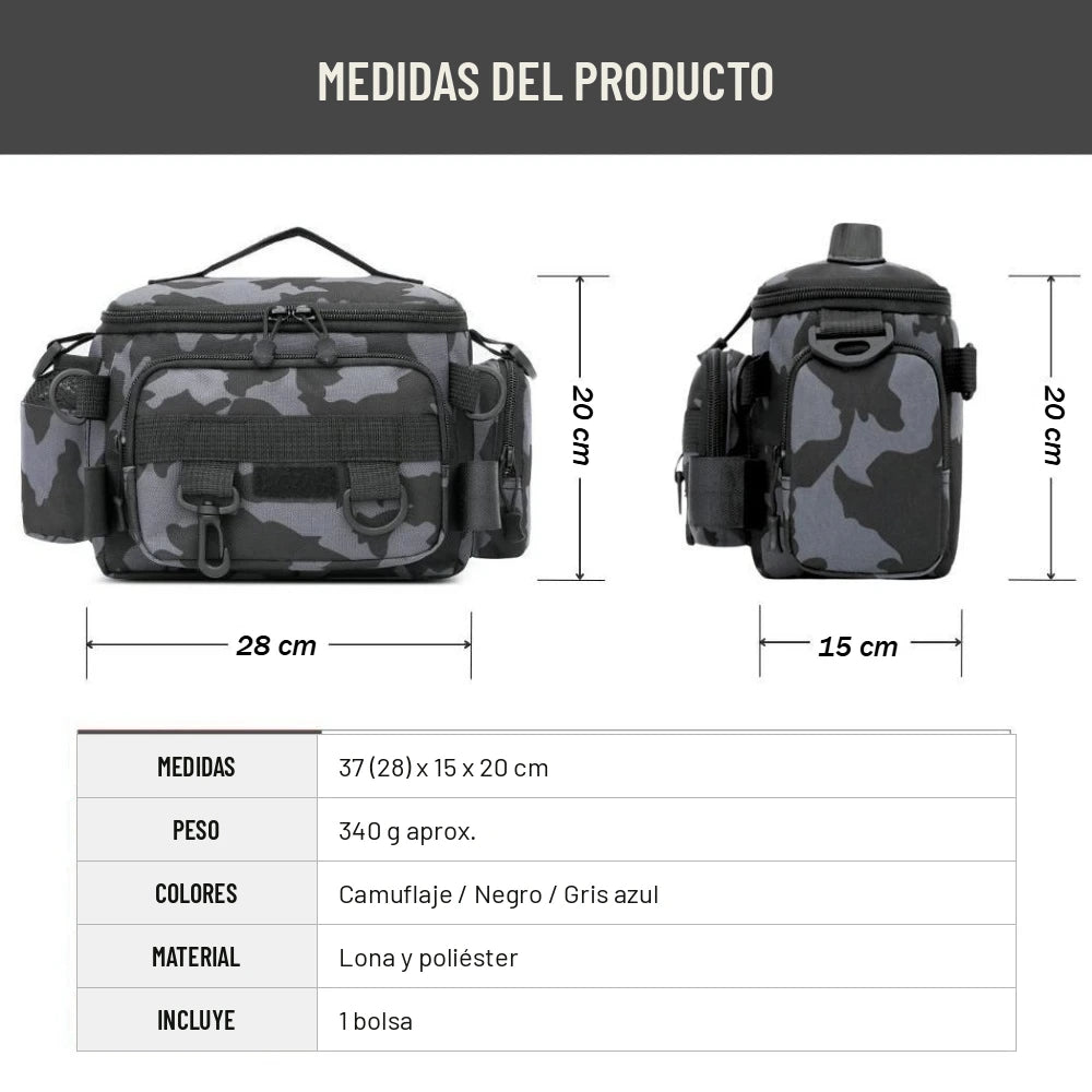 Ficha de medidas de la bolsa de pesca: 37 x 15 x 20 cm y 340 g