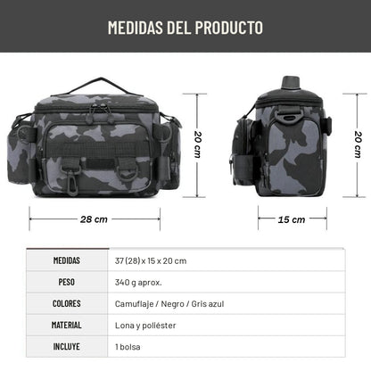 Ficha de medidas de la bolsa de pesca: 37 x 15 x 20 cm y 340 g