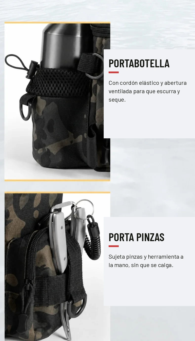 Portabotella con cordón elástico y porta pinzas de la bolsa de pesca