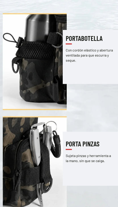 Portabotella con cordón elástico y porta pinzas de la bolsa de pesca
