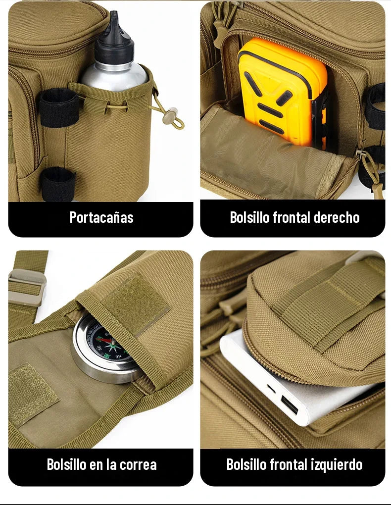 Portacanas, bolsillos frontales y bolsillo de la correa de la mochila de pesca caqui