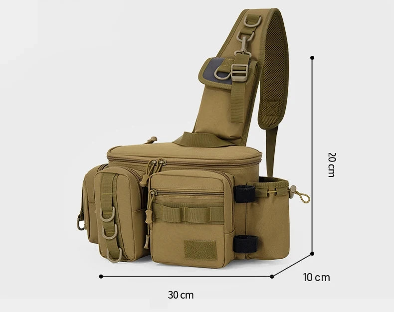 Mochila de pesca caqui con medidas de 30 x 20 x 10 cm
