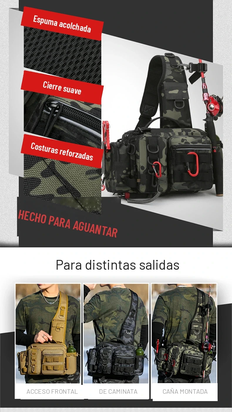 Detalles de espuma acolchada, cierre y costuras de la mochila de pesca y formas de cargarla