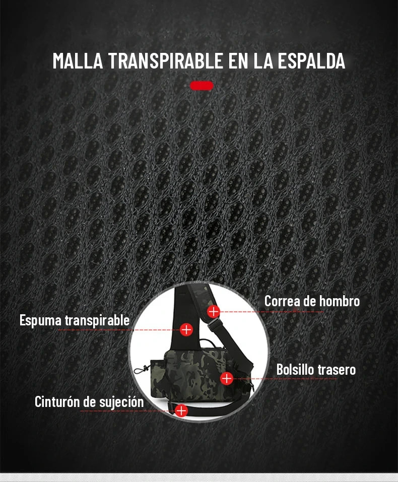Espalda de malla transpirable, correa de hombro y bolsillo trasero de la mochila de pesca