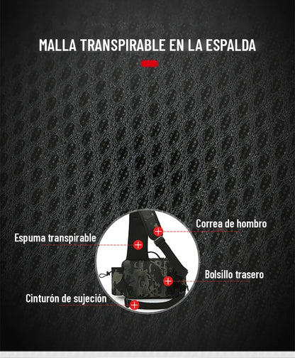 Espalda de malla transpirable, correa de hombro y bolsillo trasero de la mochila de pesca