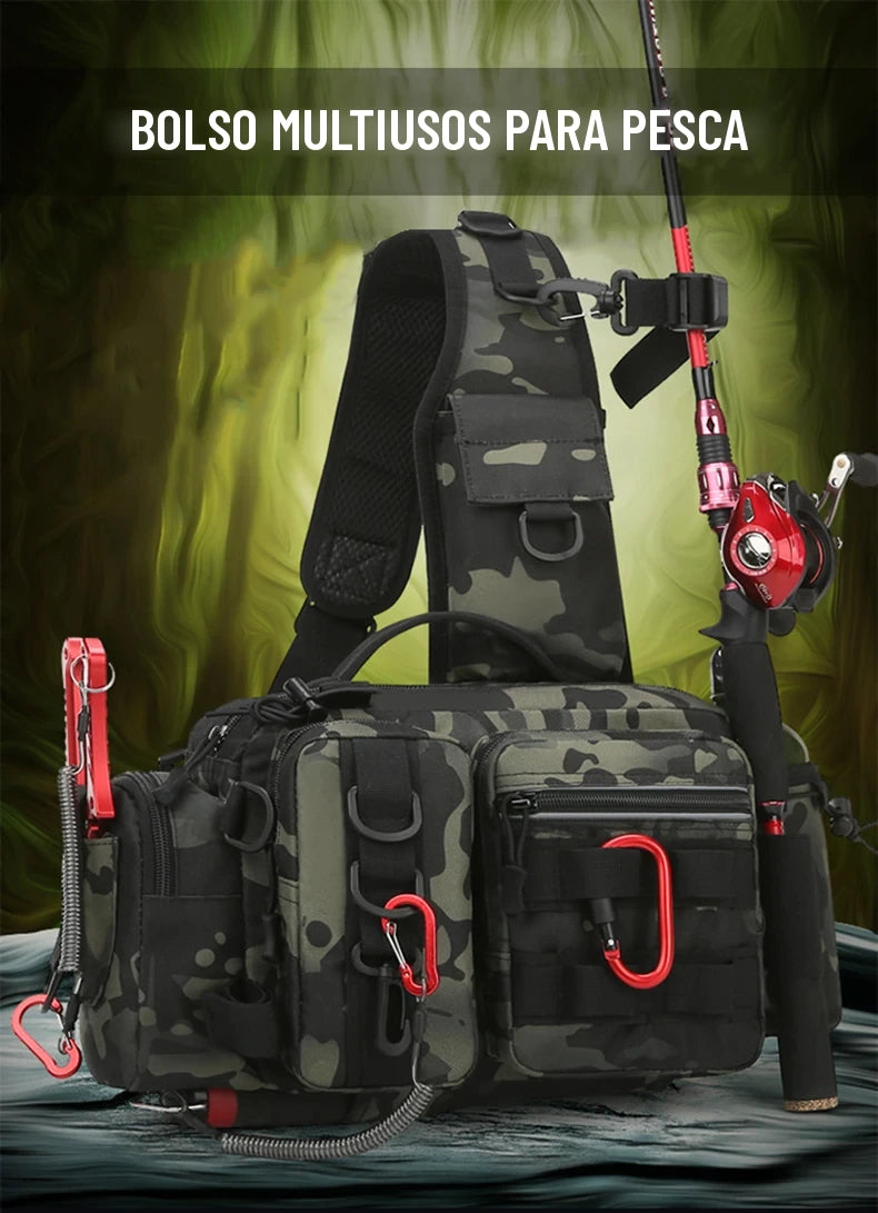 Mochila de pesca con portacanas y correa bandolera en estampado verde