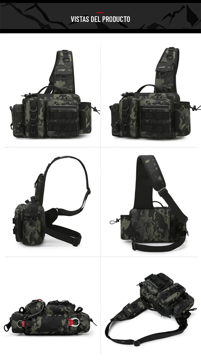 Seis vistas de la mochila de pesca en estampado verde: frente, costado, espalda y base