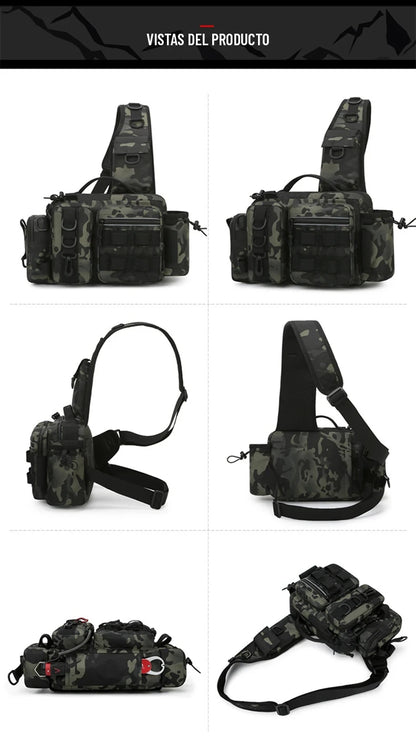 Seis vistas de la mochila de pesca en estampado verde: frente, costado, espalda y base