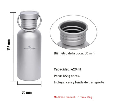 Botella de titanio de 420 ml: 195 mm de alto, 70 mm de diámetro y boca de 50 mm