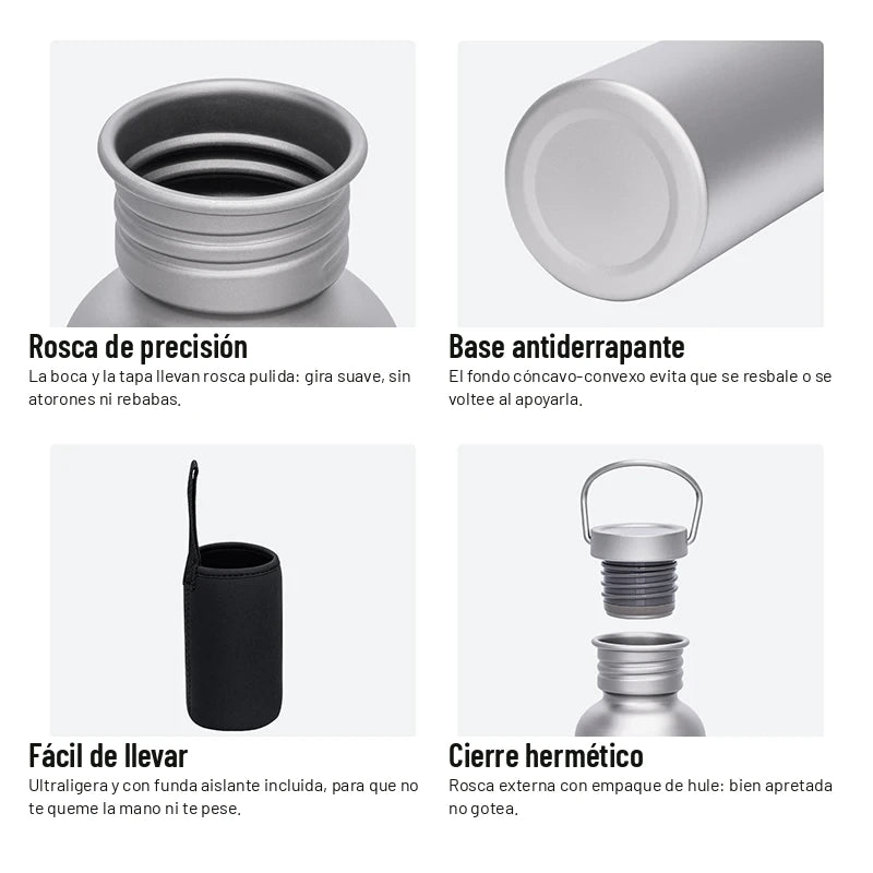 Rosca de precisión, base antiderrapante, funda de transporte y cierre hermético de la botella de titanio