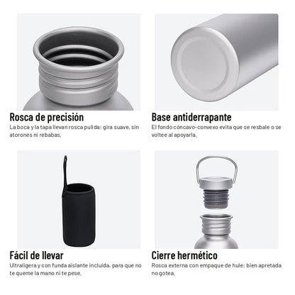 Rosca de precisión, base antiderrapante, funda de transporte y cierre hermético de la botella de titanio