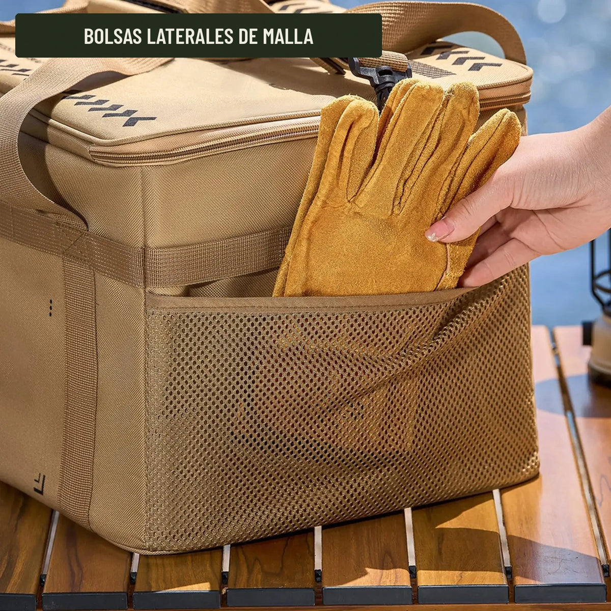 Bolsas laterales de malla de la caja organizadora de camping color arena