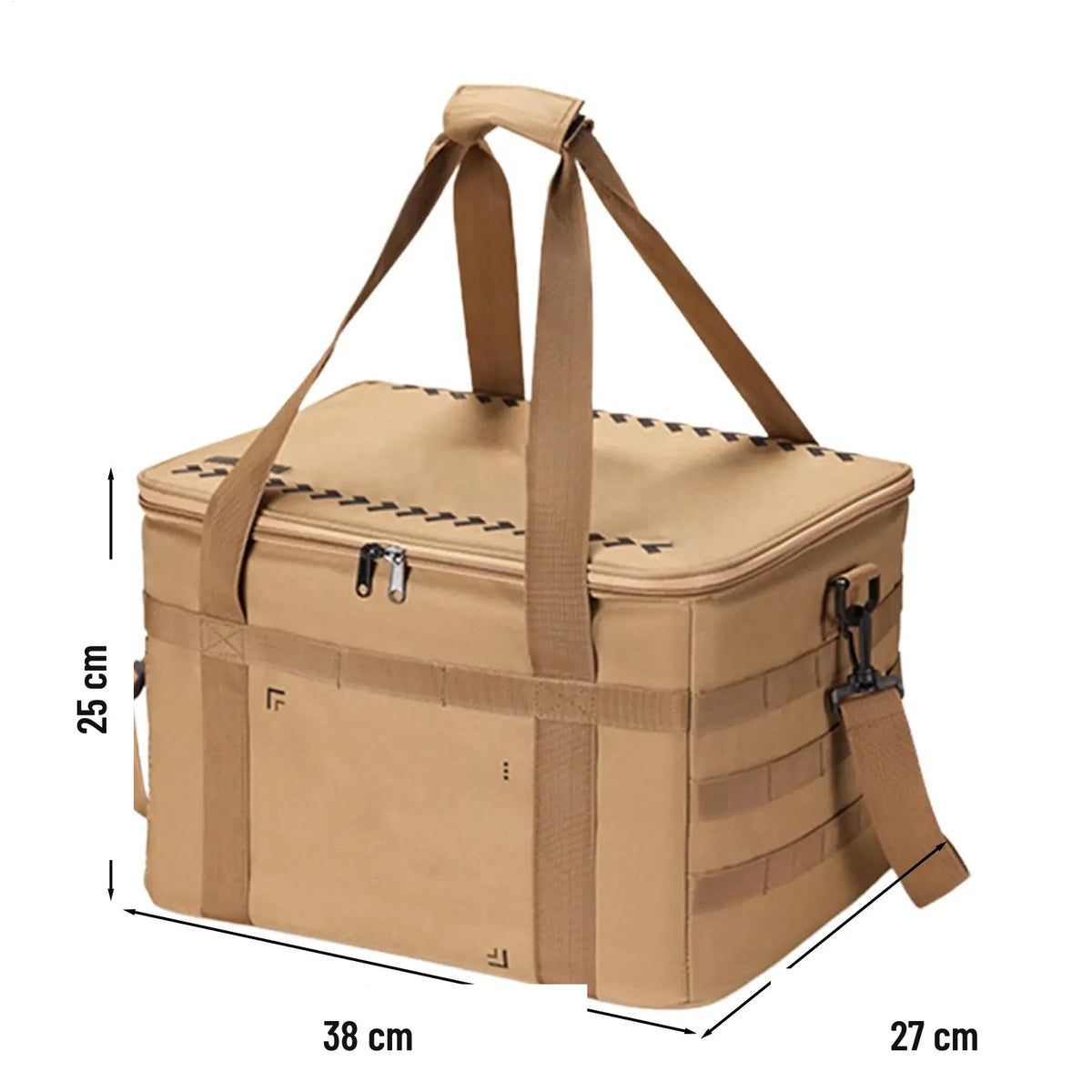 Medidas de la caja organizadora de camping: 38 cm de largo, 27 cm de ancho y 25 cm de alto