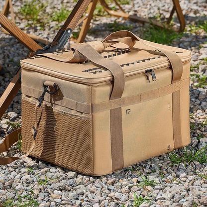 Caja organizadora de camping vista lateral con cintas de sujeción