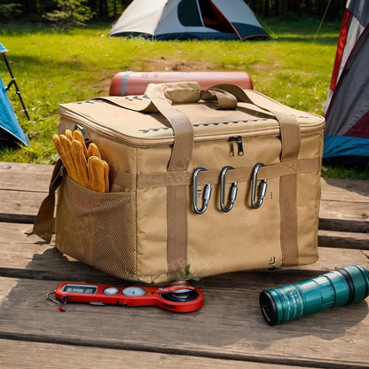 Caja organizadora de camping en uso al aire libre