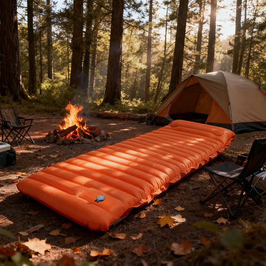 Colchoneta inflable de camping verde con almohada integrada, vista principal