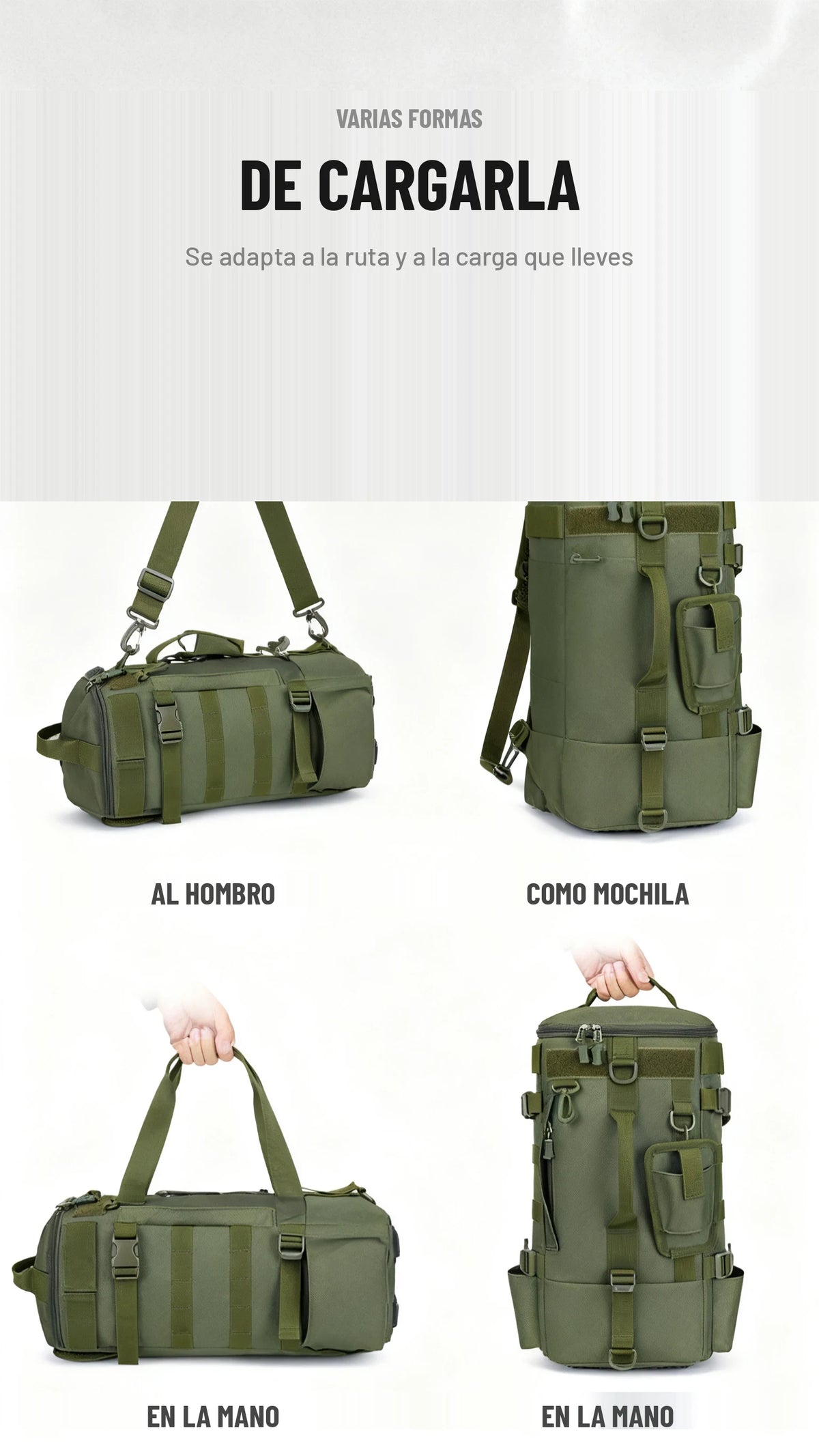 Cuatro formas de cargar la mochila de pesca: al hombro, como mochila y en la mano