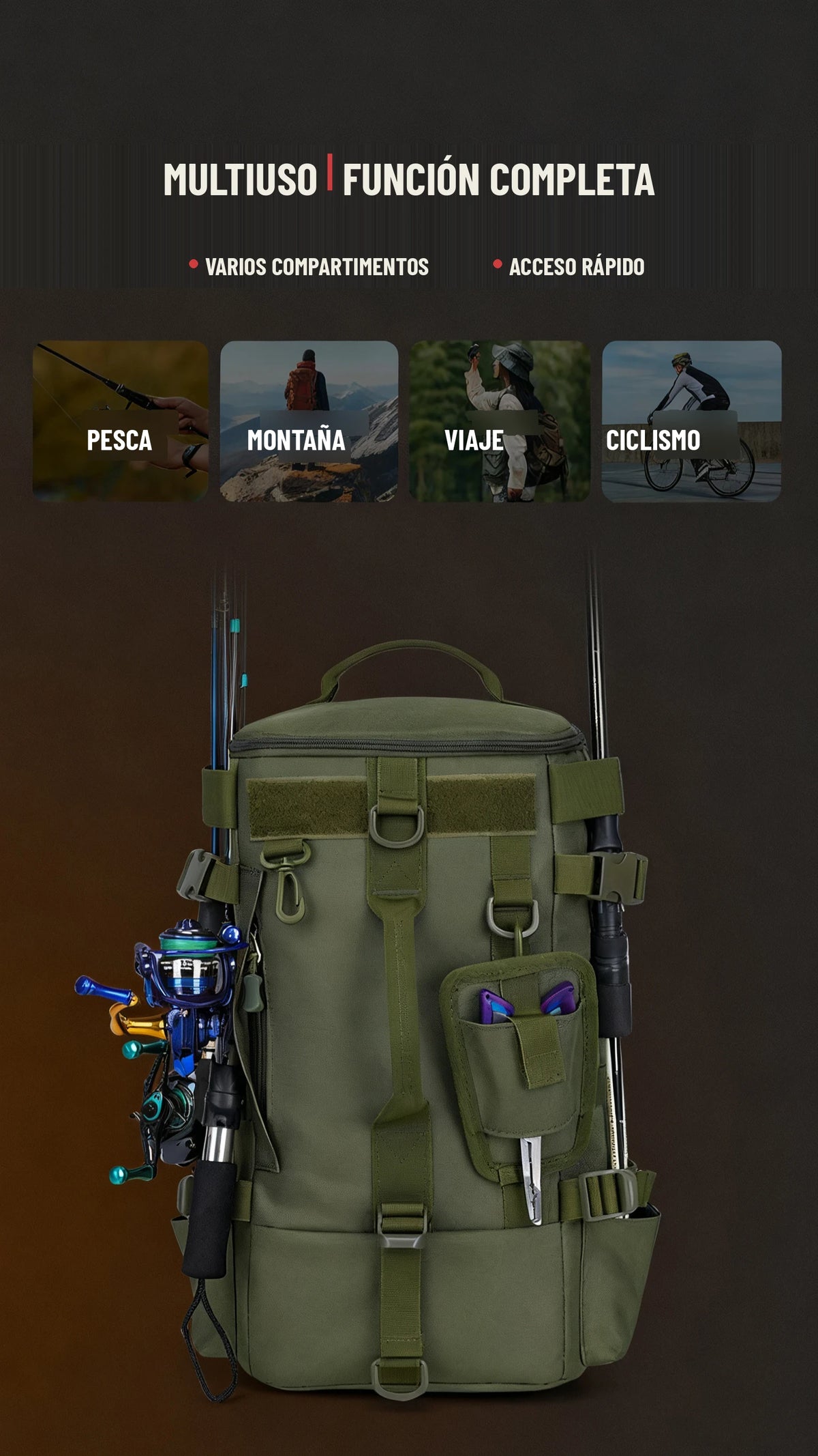 Mochila de pesca con portacañas para pesca, montaña, viaje y ciclismo