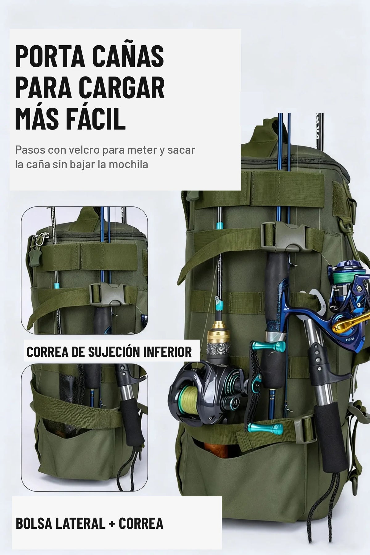 Portacañas con pasos de velcro para meter y sacar la caña sin bajar la mochila