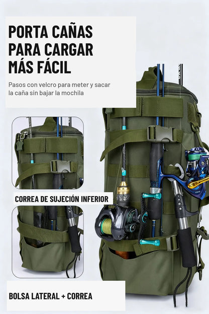 Portacañas con pasos de velcro para meter y sacar la caña sin bajar la mochila
