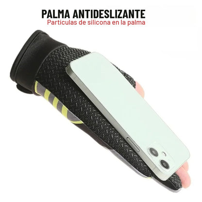 Palma antideslizante de los guantes de pesca sujetando un teléfono con firmeza