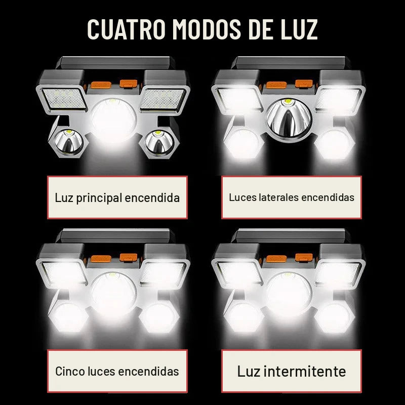 Cuatro modos de luz de la linterna frontal LED: principal, laterales, cinco luces e intermitente