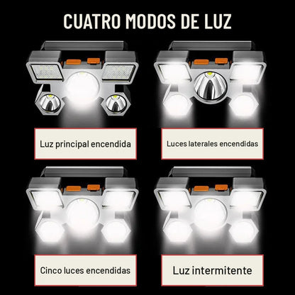 Cuatro modos de luz de la linterna frontal LED: principal, laterales, cinco luces e intermitente
