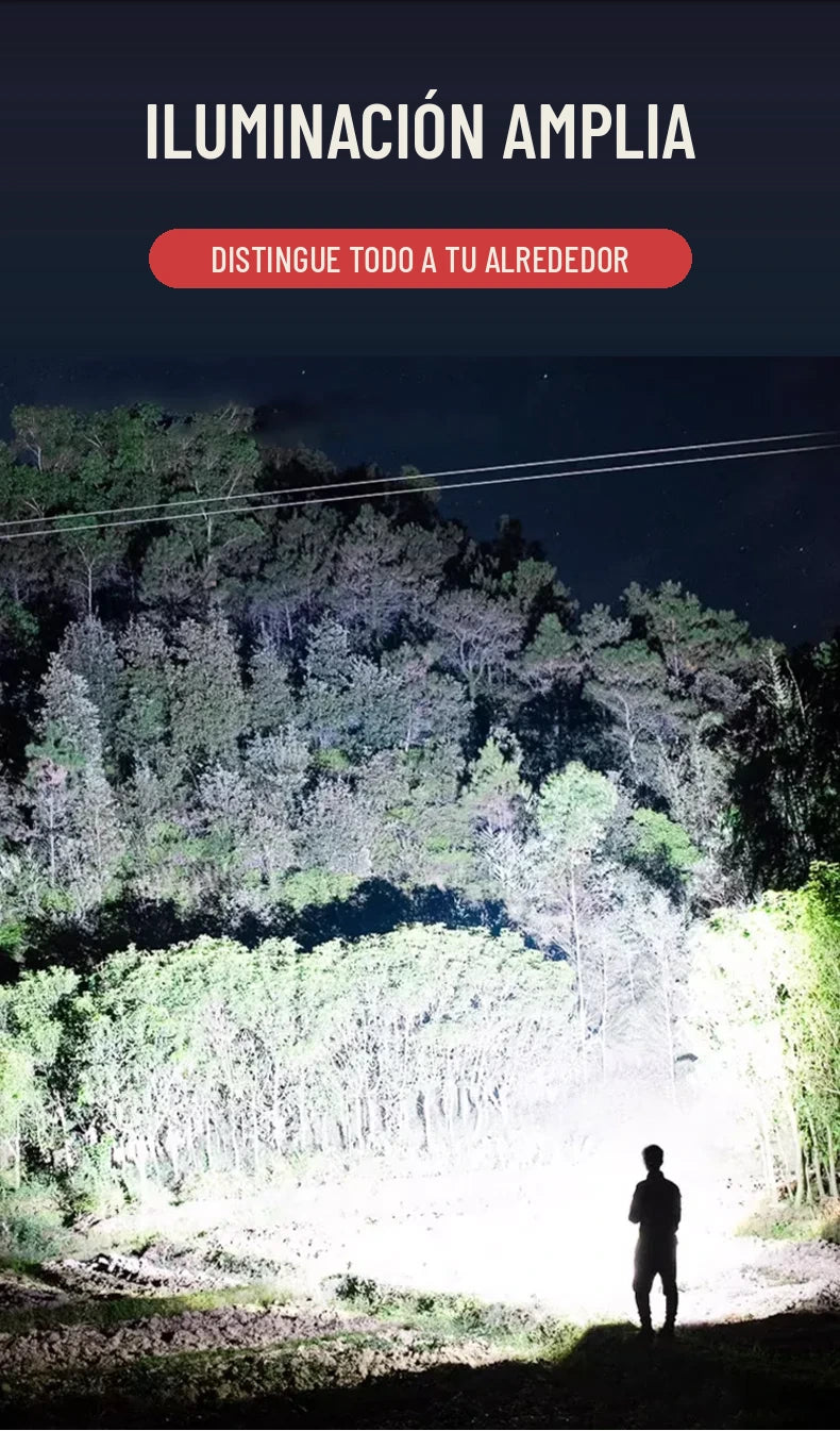 Iluminación amplia de la linterna frontal LED en un bosque de noche