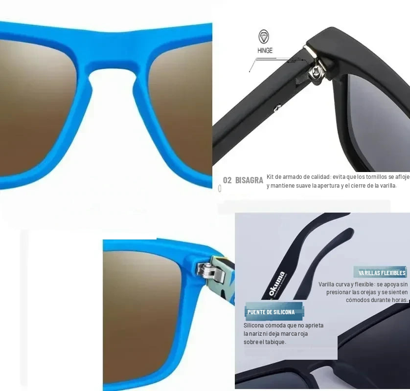 Detalle de la bisagra reforzada y el puente de silicona de los lentes polarizados