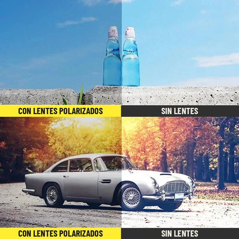 Comparativa de la vista con y sin lentes polarizados en botellas y carretera